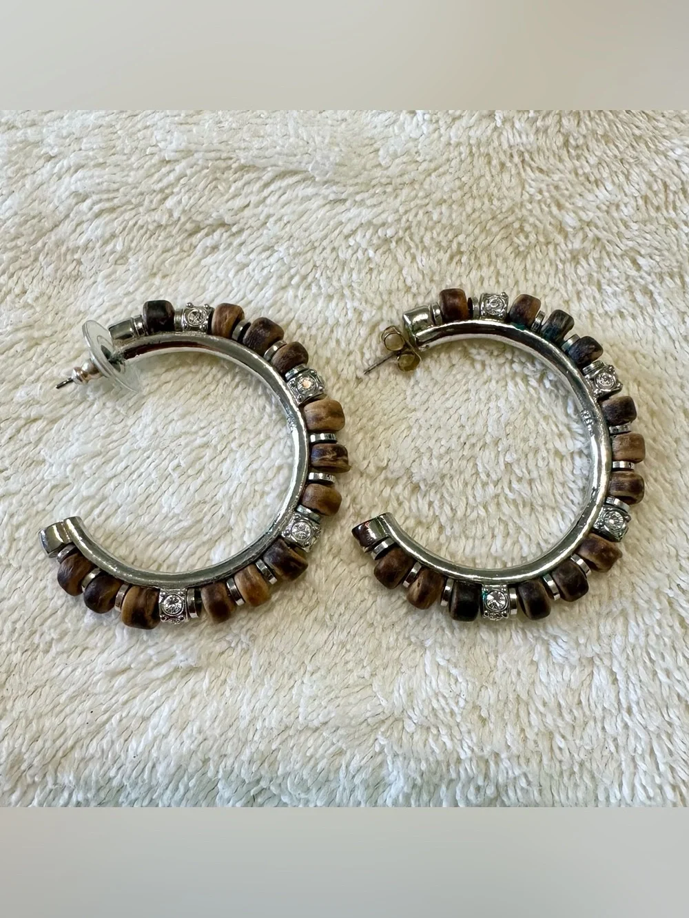 Authentic Givenchy 925 Silver Wood Bead Rhinestone Half Hoop Earrings Y2K